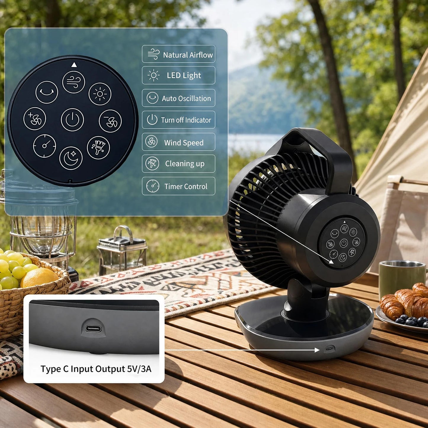 Himiss Portable Camping Fan With LED Light And Timer