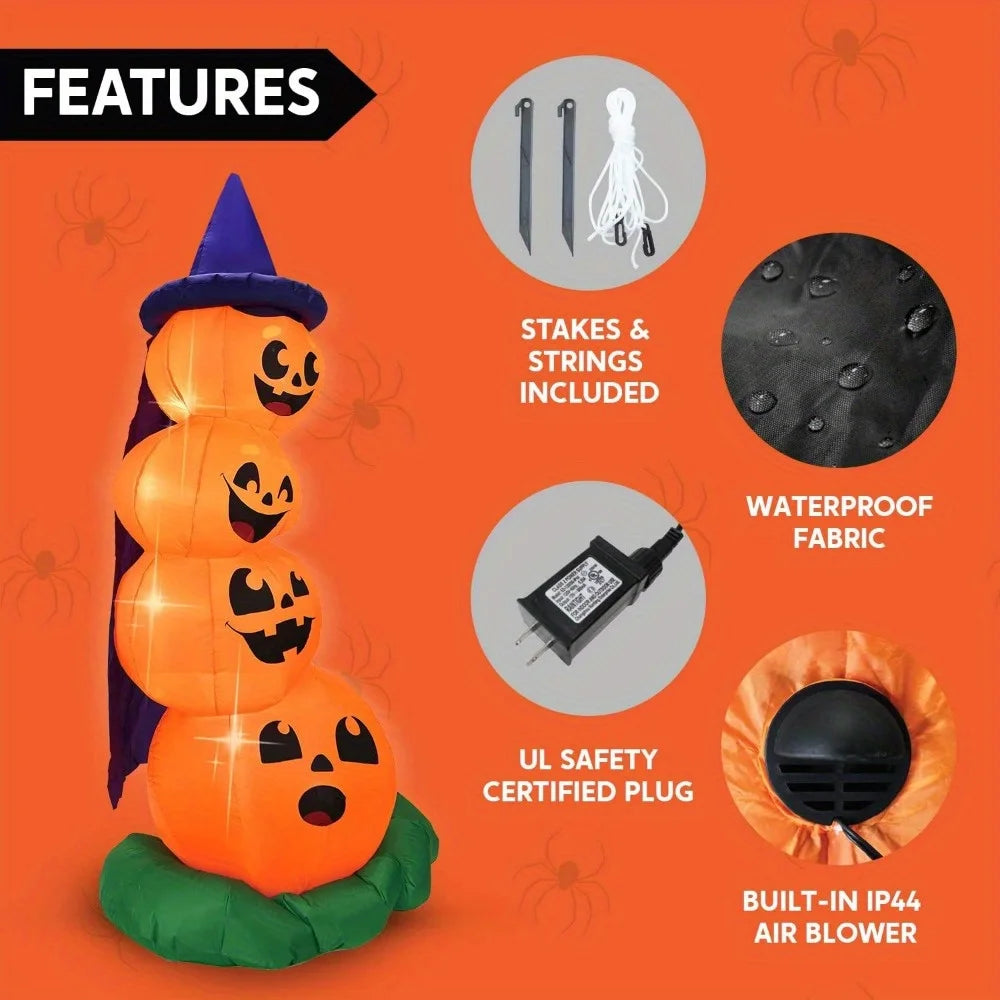 6 FT Halloween Inflatables Outdoor Decorations Blow Up Yard Decorations Inflatable Pumpkins with Witch Hat with Build-in LEDs, Stacked Pumpkins Blow Ups for Yard Halloween Decor Photobooth Props