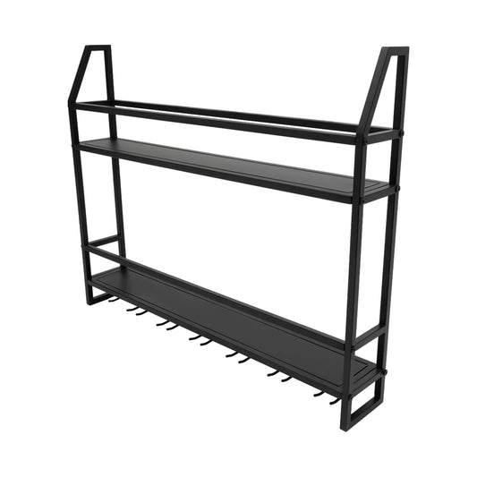 Wall Mounted Wine Rack Glass Holder 12 Bottles 7 Goblet Metal Shelf 2 Layer for Home Bar, 80cm Black