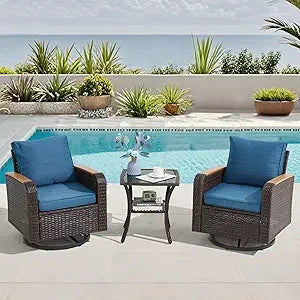 Wicker Patio Set With Swivel Chairs And Side Table For Outdoor Use