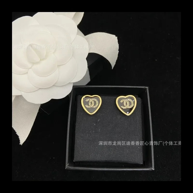 Spade Heart Full Diamond Necklace Women's Versatile Sweet Heart Enamel Stud Earrings Tide