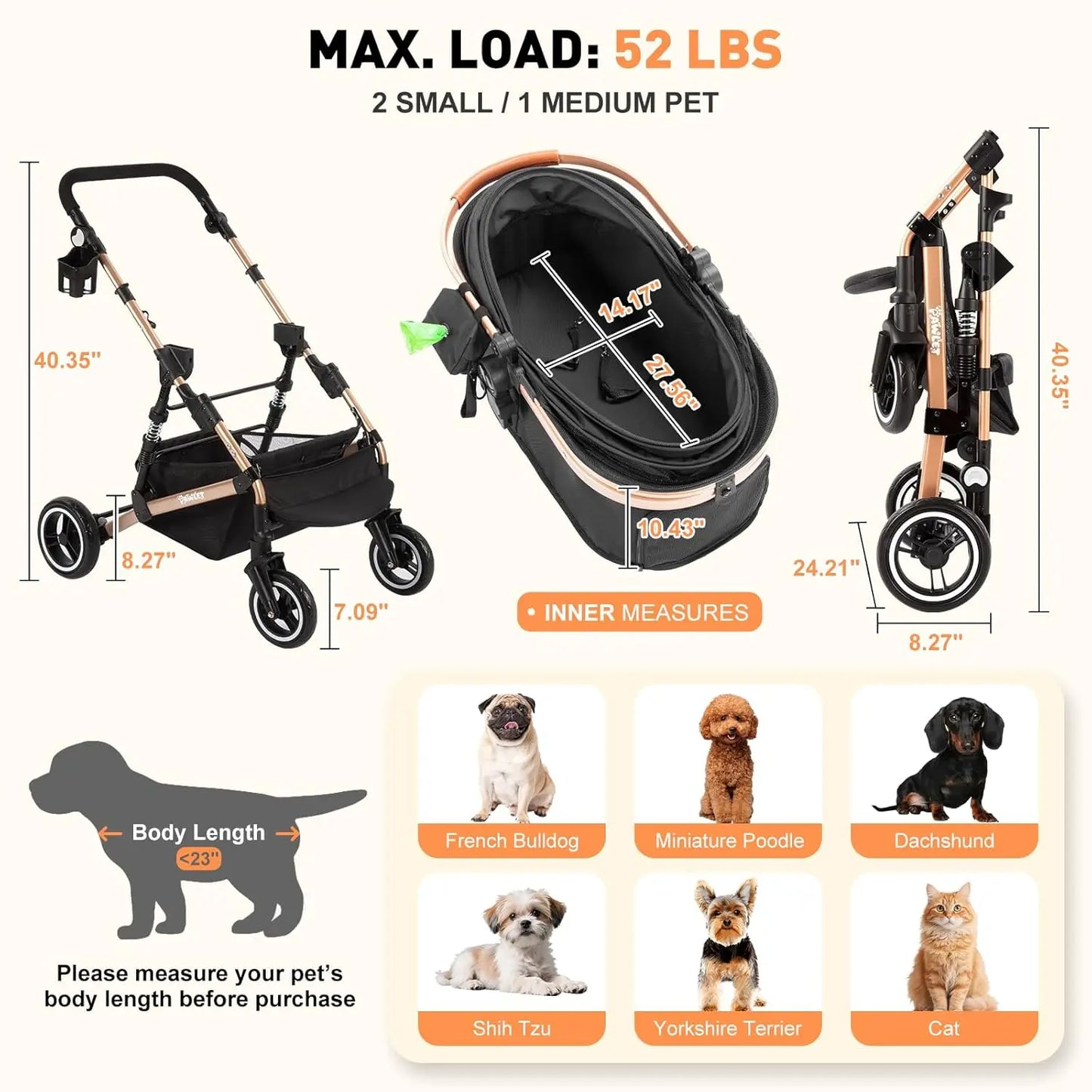 Waterproof Pet Stroller For Medium Dogs And Cats With Carrier