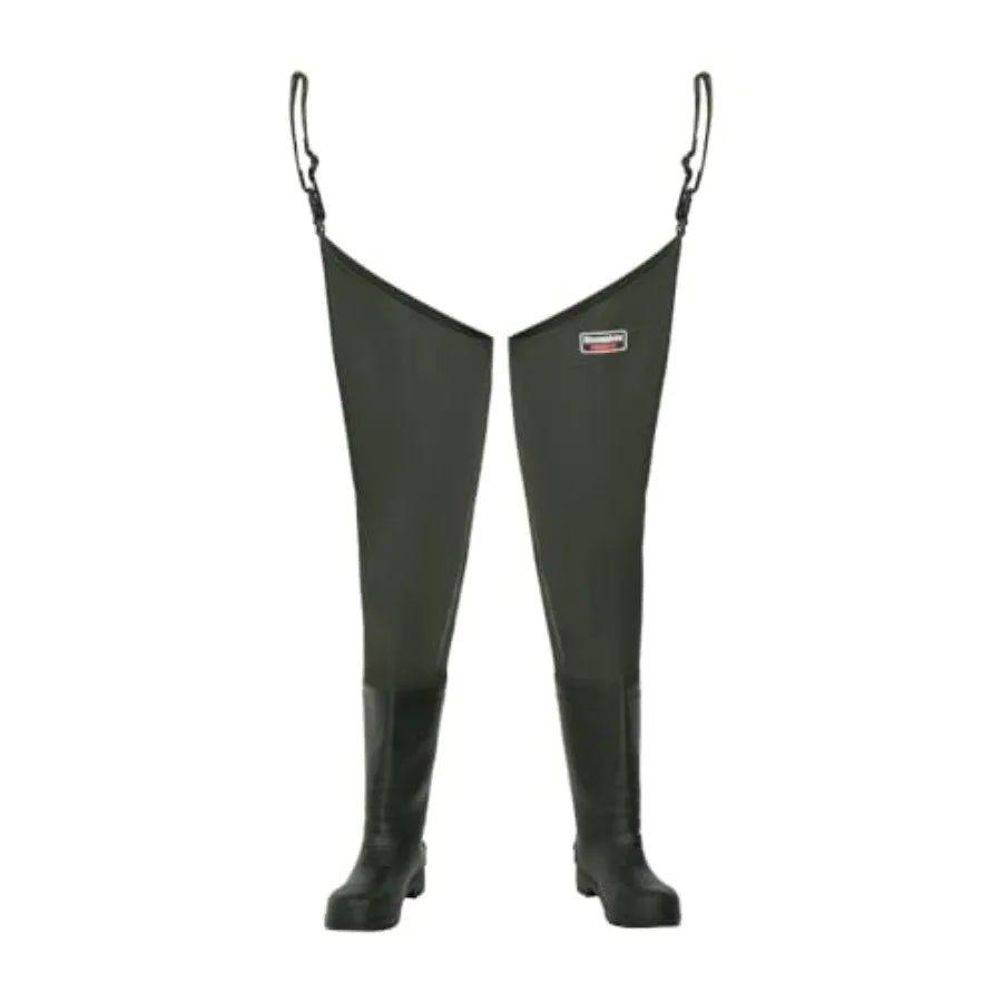 Shallow wading, bank fishing, outdoor water work: Granite PVC thigh waders heavy-duty reinforced PVC laminate, black, cleated s