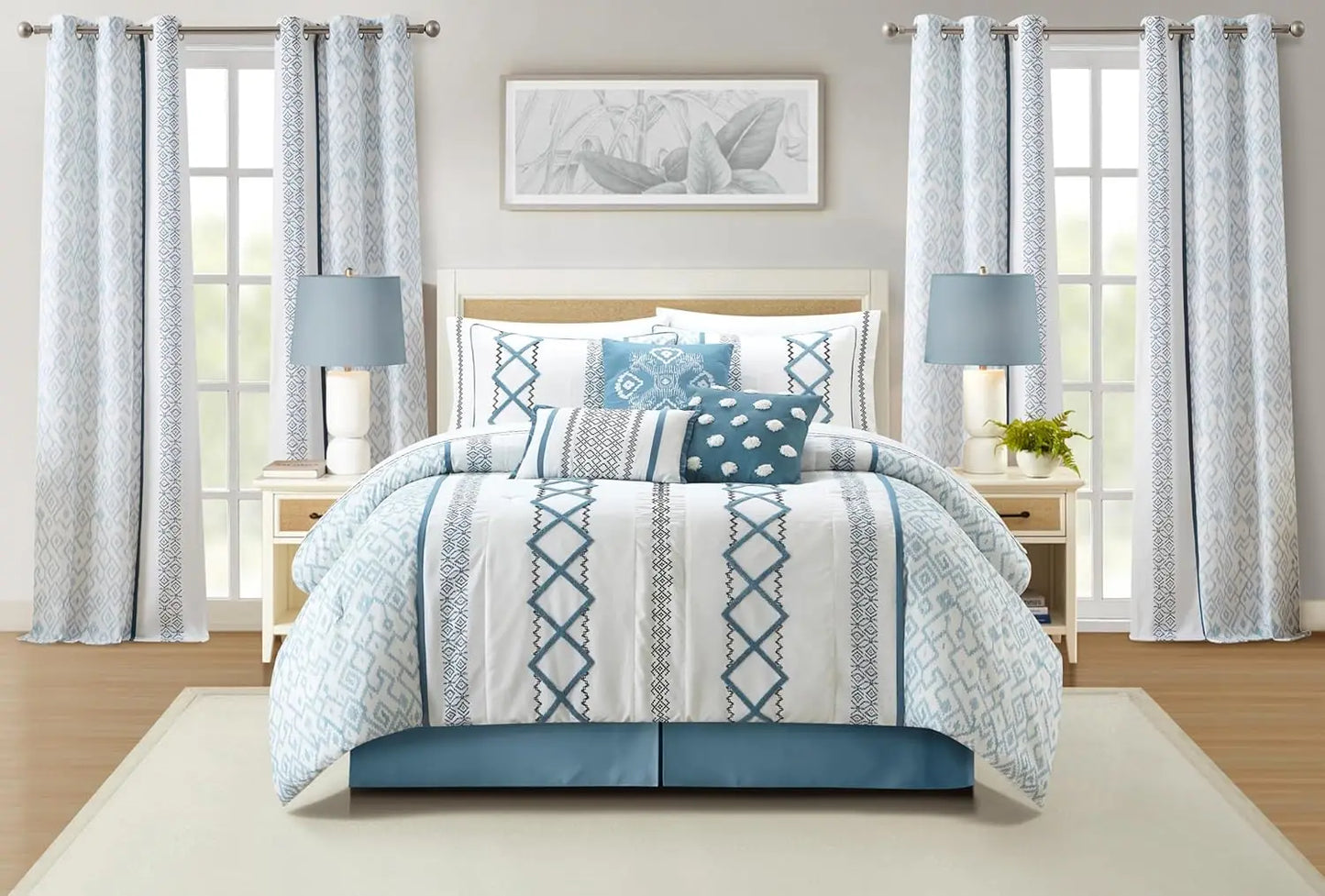 All Season Embroidered Comforter Set With Curtains And Sheet Set