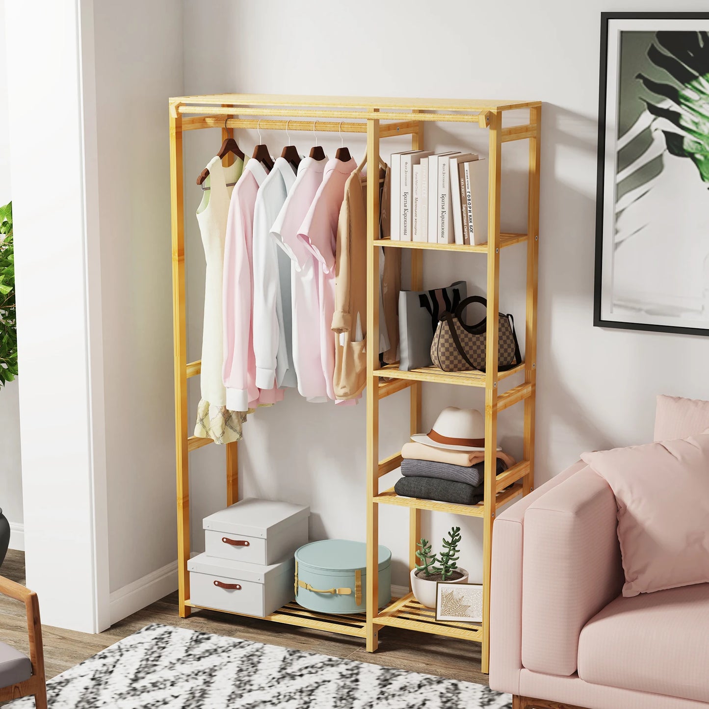 Bamboo Garment Rack 6 Tier Open Wardrobe Storage Organizer