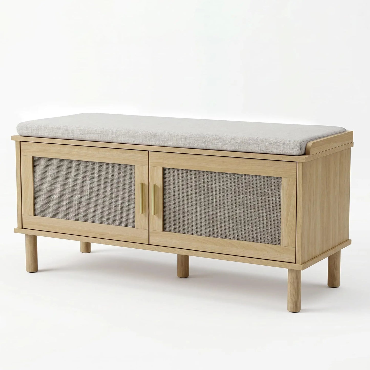 Rattan Shoe Storage Bench With Cushion, Adjustable Shelf Entryway Shoe Cabinet, Hidden Storage Organizer With Gold Handles For Hallway