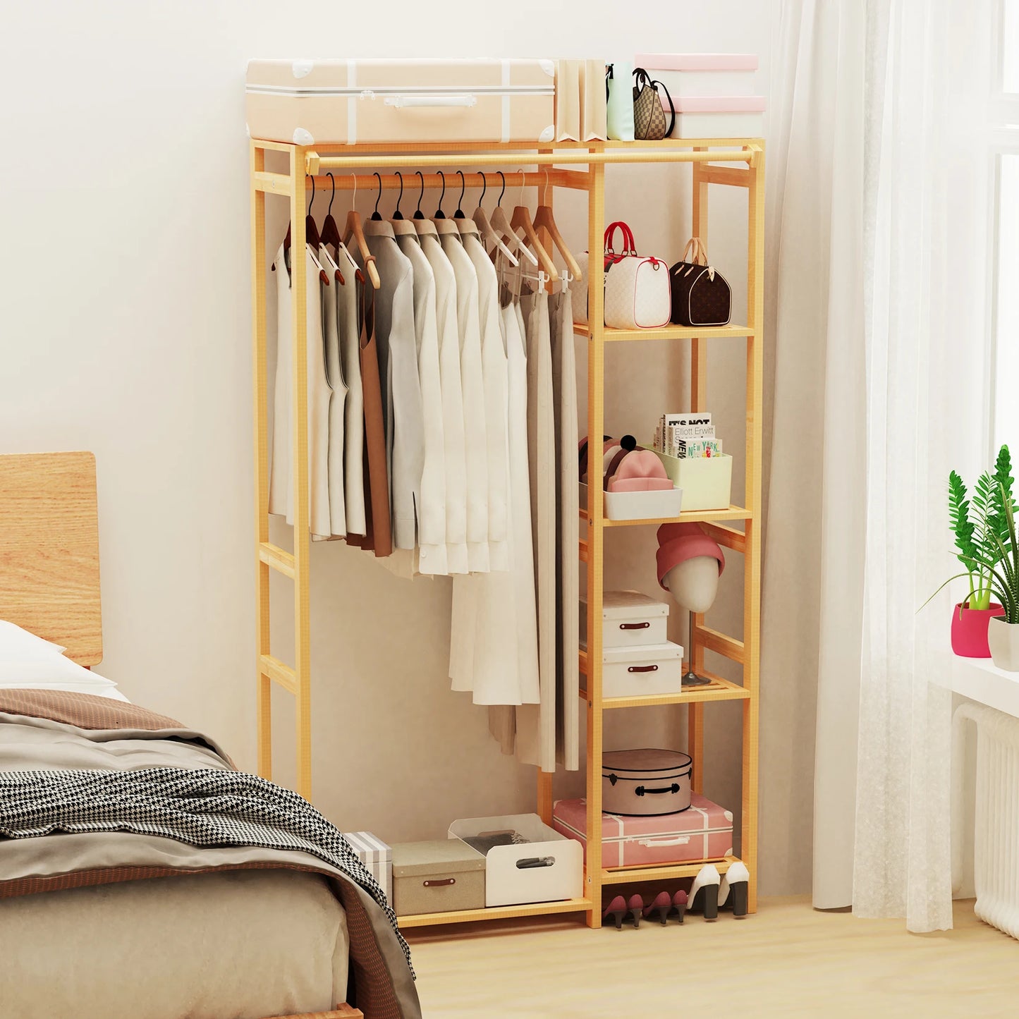 Bamboo Garment Rack 6 Tier Open Wardrobe Storage Organizer