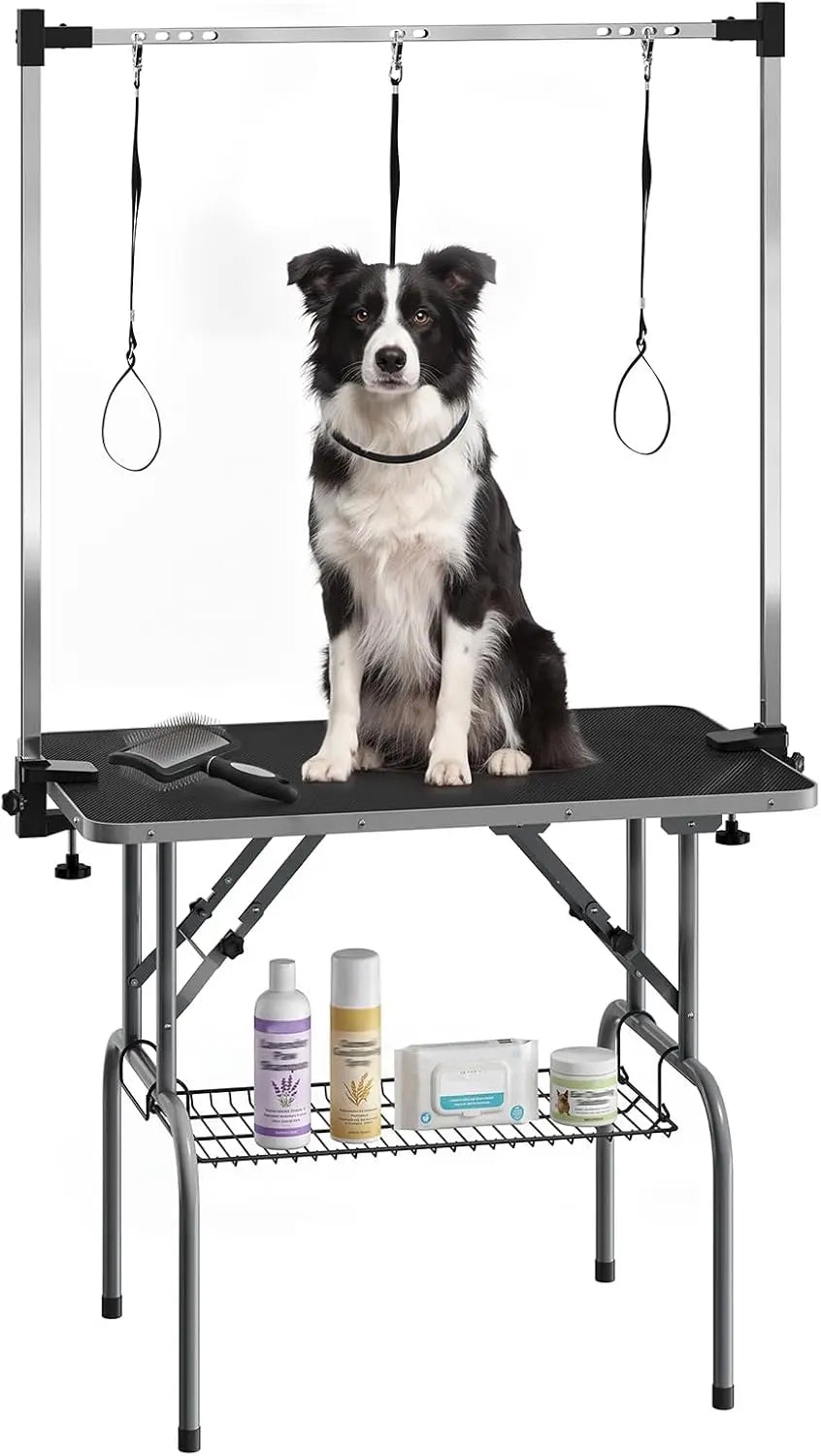 Garvee 36'' Foldable Dog Grooming Table Portable Bathing and Haircut Station for Dogs/Cats Anti-Slip Surface Lightweight for Home Salon Use Adjustable H Arm, Mesh Storage Basket, Waterproof Anti-Slip Top