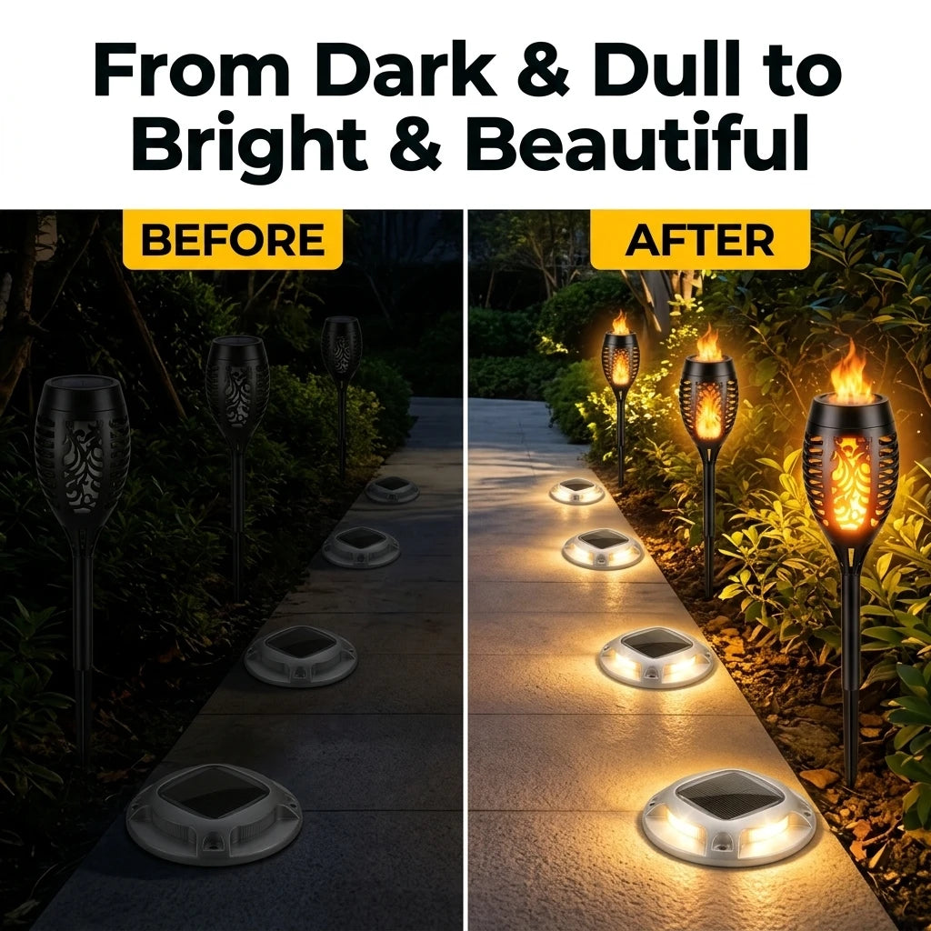 Solar Outdoor Torch And LED Ground Lights For Garden Pathways