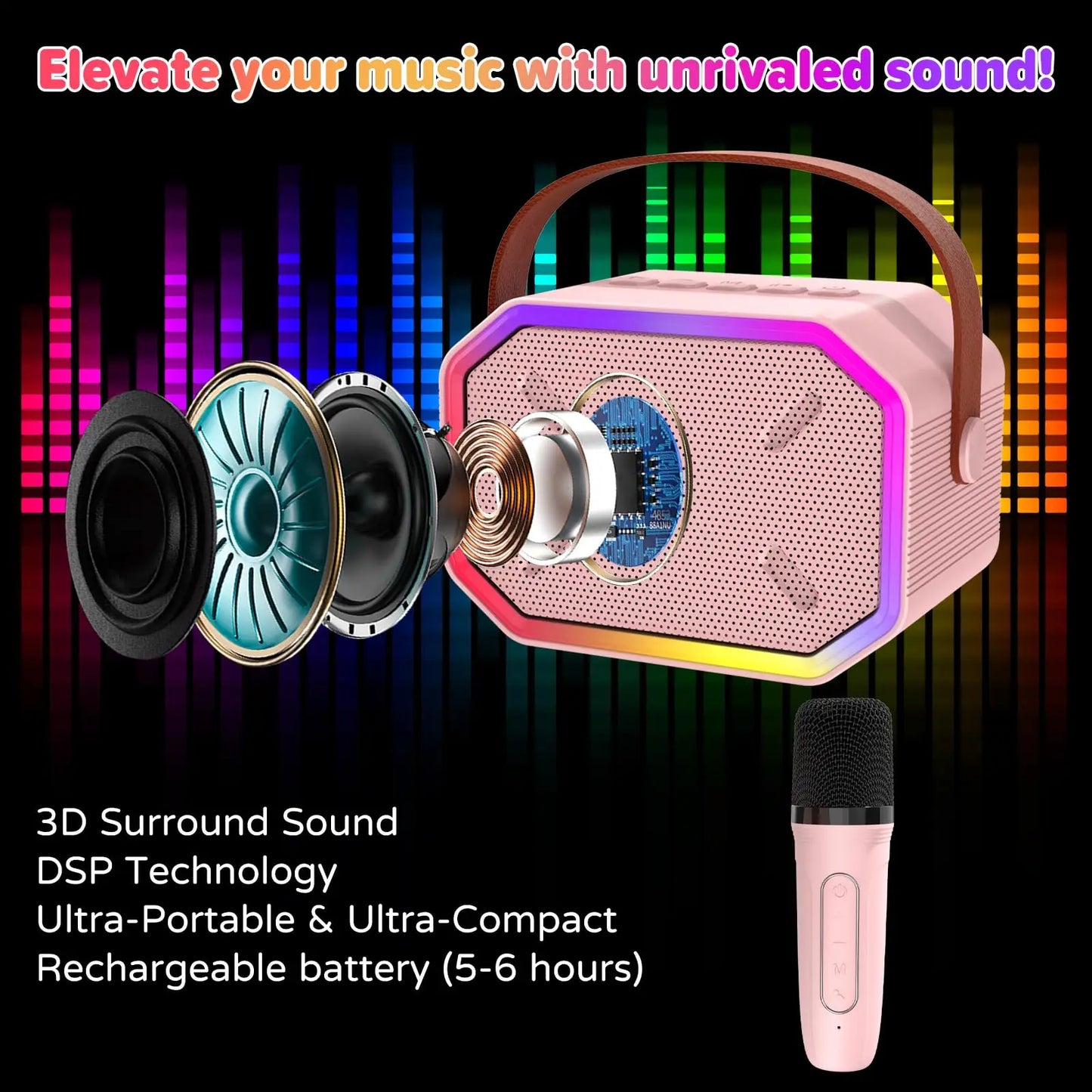 RIVGOTC Mini Karaoke Machine for Kids Portable Bluetooth Wireless Microphones
