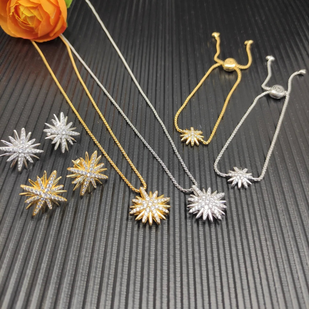 Sunflower Necklace Earrings Bracelet Set Sterling Silver