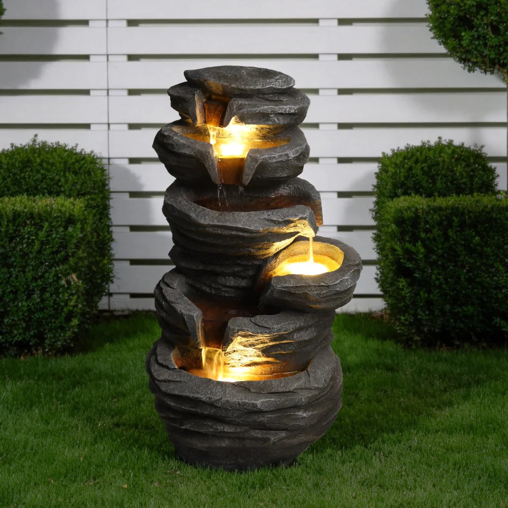 Outdoor Stacked Rock Waterfall Fountain With Integrated Garden Lighting