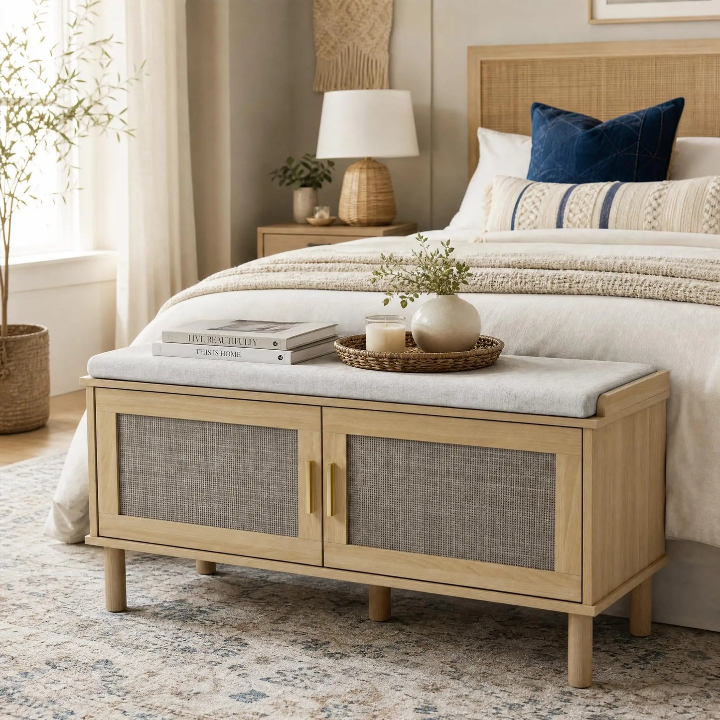 Rattan Shoe Storage Bench With Cushion, Adjustable Shelf Entryway Shoe Cabinet, Hidden Storage Organizer With Gold Handles For Hallway
