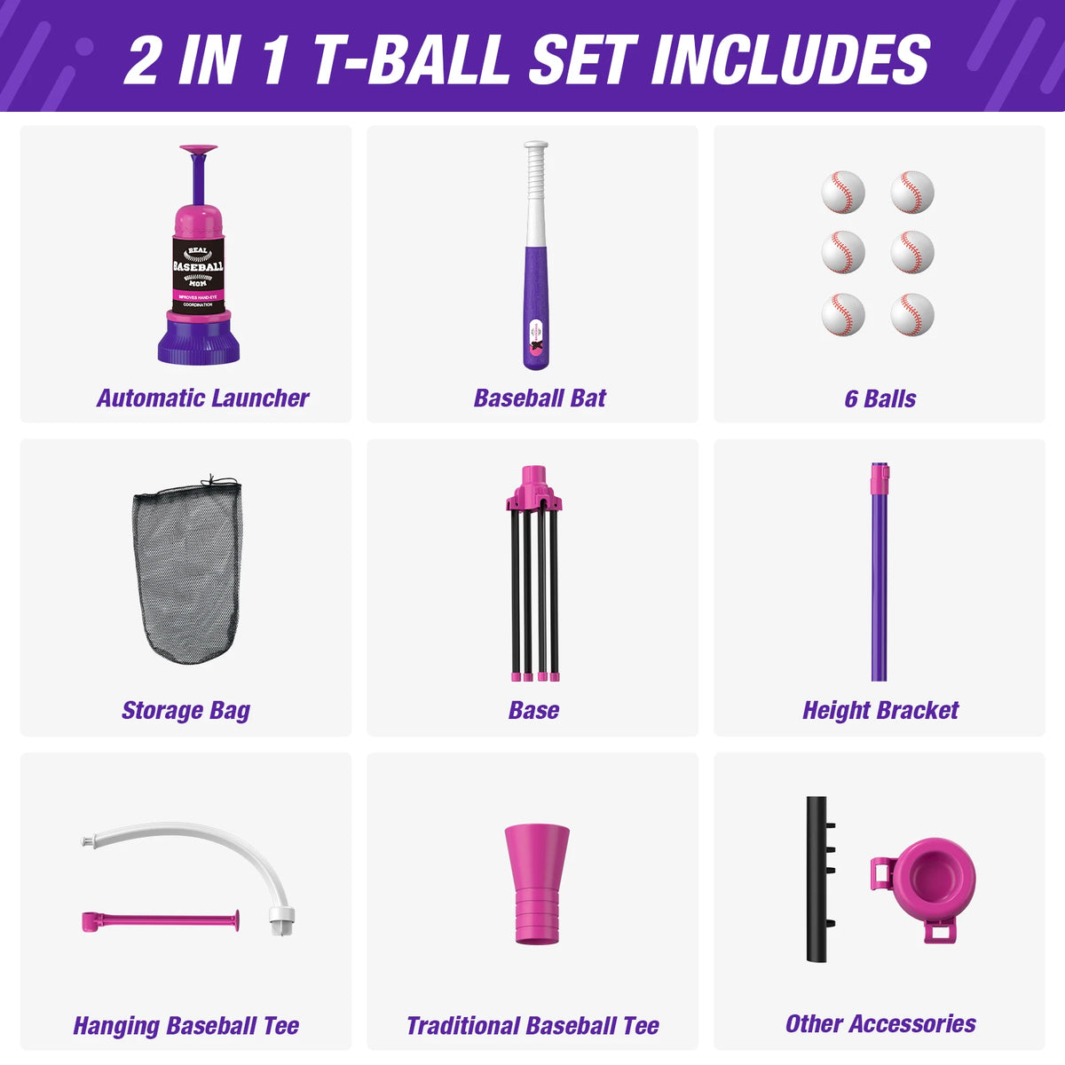 3-in-1 Baseball Set for Kids with Auto Pitching Machine | Tee Ball Stand, Hanging Tee, Ball Launcher and 6 Softballs - Adjustable Height, Indoor/Outdoor Sport Gifts for Boys Girls