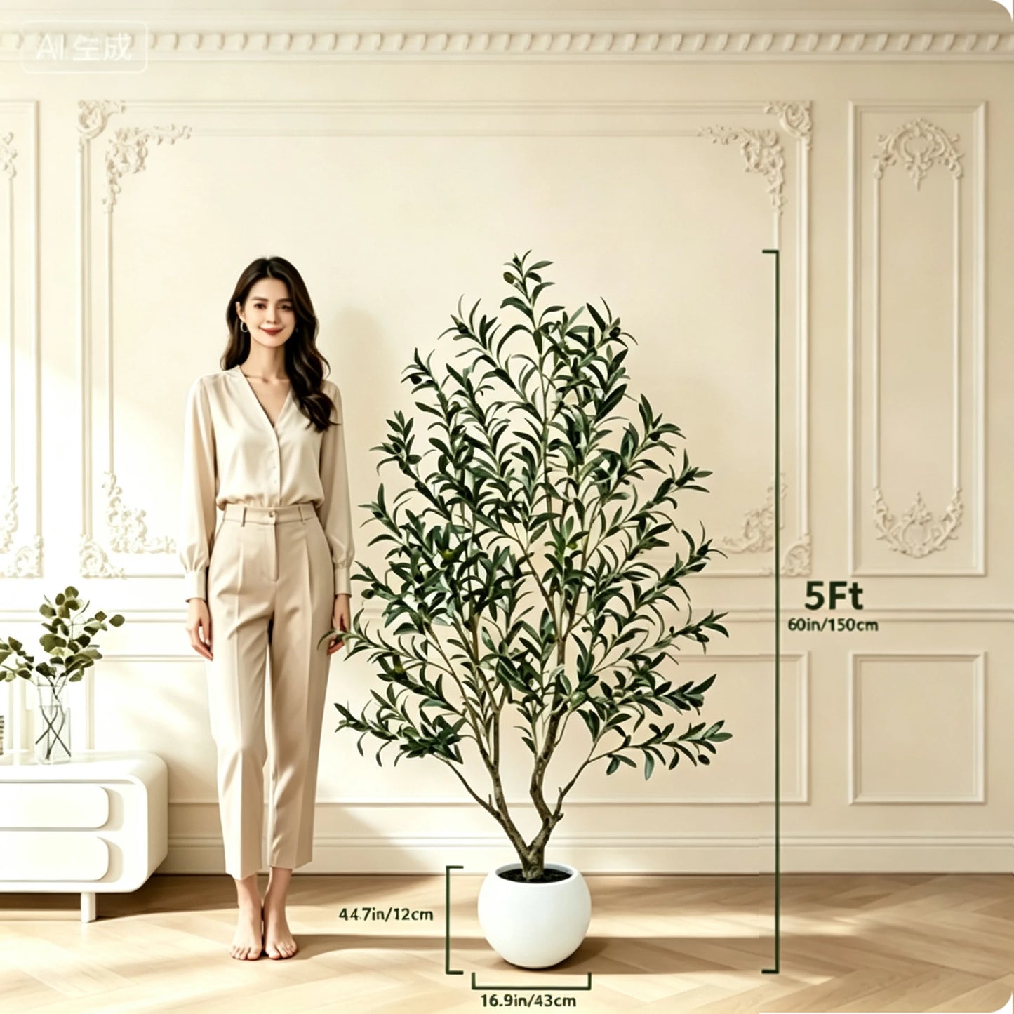 5/6/7/8FT Olive Tree Artificial Indoor Outdoor Faux Olive Tree in Decorative Planter Fluffy Artificial Plants with Natural Wood Trunk and PE Lifelike Fruits for Home Living Room Office Decor