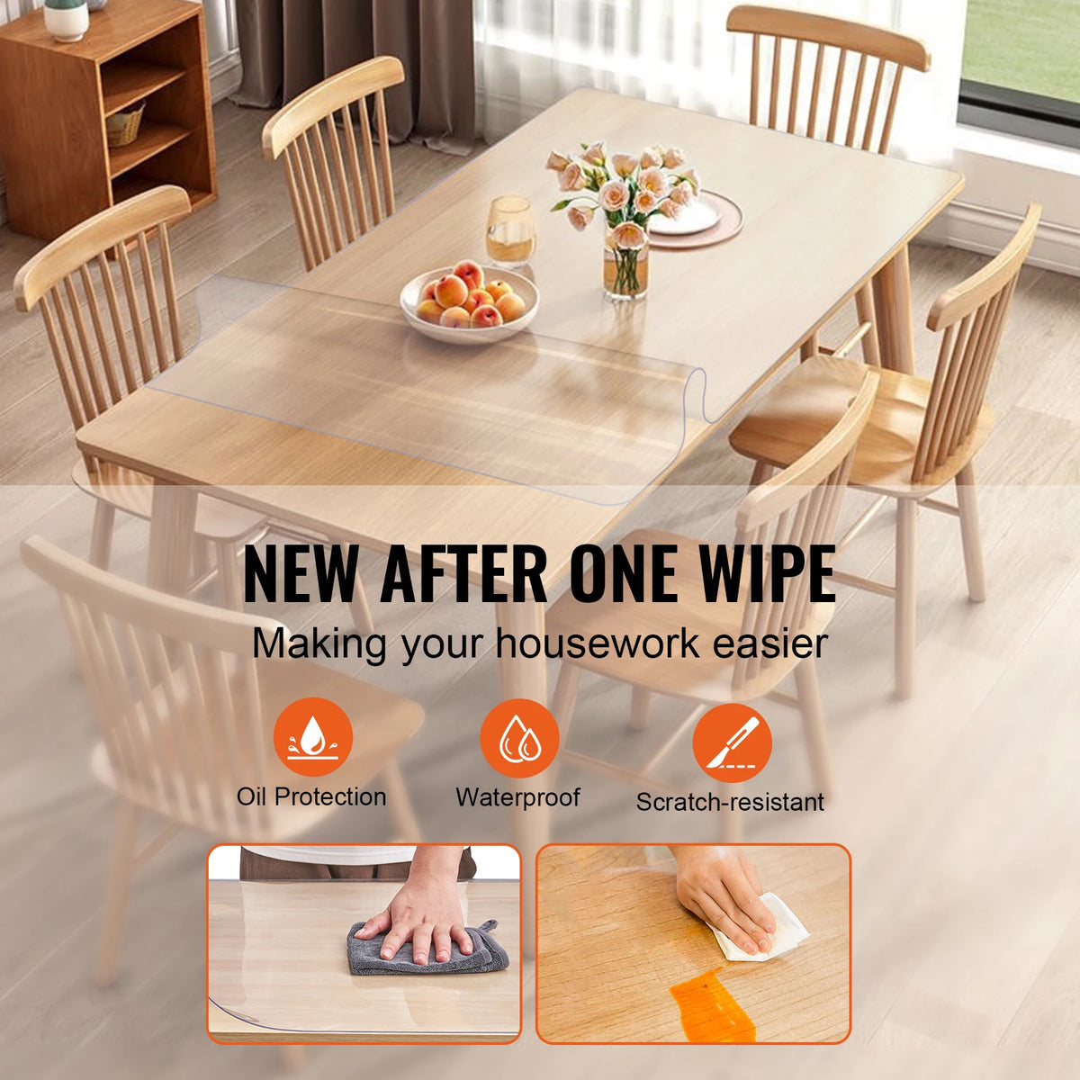 SucceBuy PVC Tablecloth Transparent Table Cloth 1.5mm Waterproof Kitchen Oil-Proof Table Mat Plastic Soft Glass Protector Cover