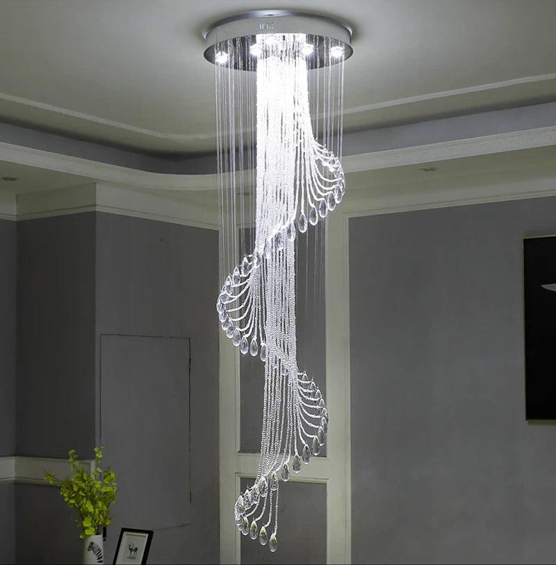 Modern Crystal Spiral Chandelier LED Hanging Lamp For Staircase Decor