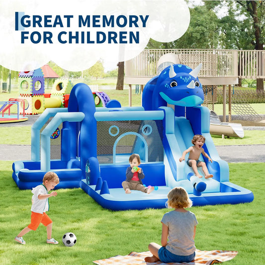 Inflatable Dinosaur Bounce House With Slide & Air Blower Oxford Cloth Jumping Castle For Kids Backyard Indoor Outdoor Family Fun