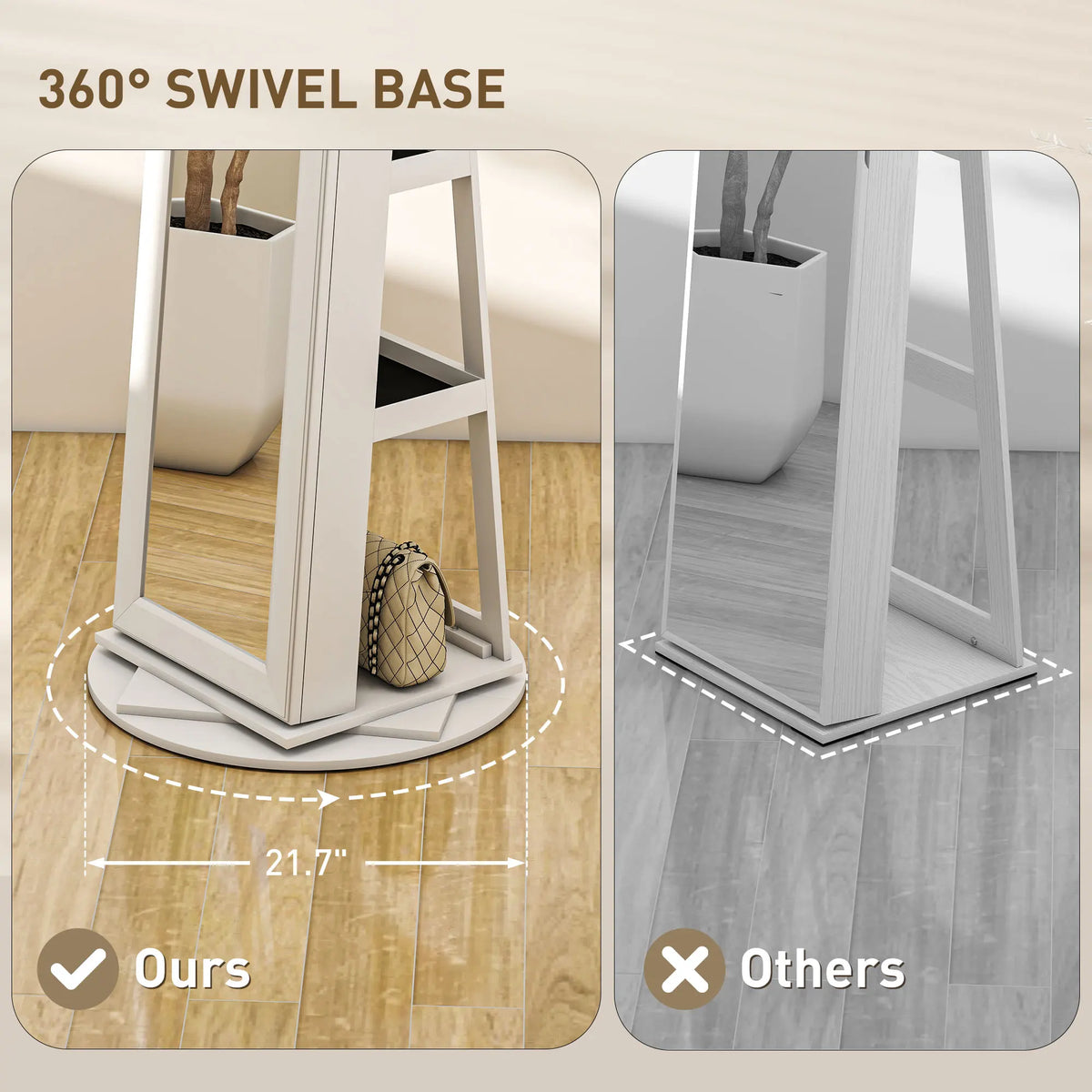 360° Swivel Jewelry Cabinet, Lockable Jewelry Armoire Organizer with Full-Length Mirror, Back Storage Shelves, Interior Small Mirror, for Bedroom Living Room, White