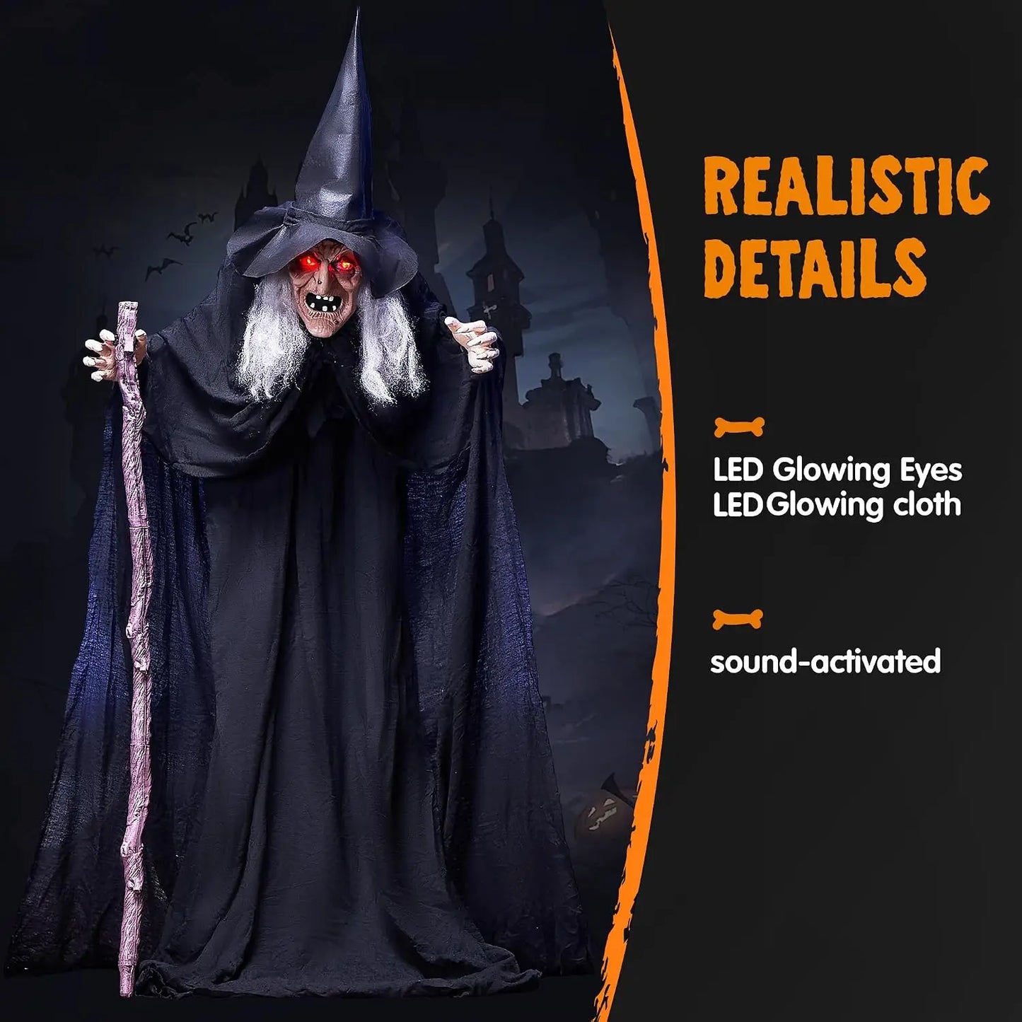 72" Animatronics Witch Outdoor Halloween Decorations with Cane Life Size Animated Ghost Haunted House Prop Décor with Creepy Sound and Light-up Eyes, Party Supplies