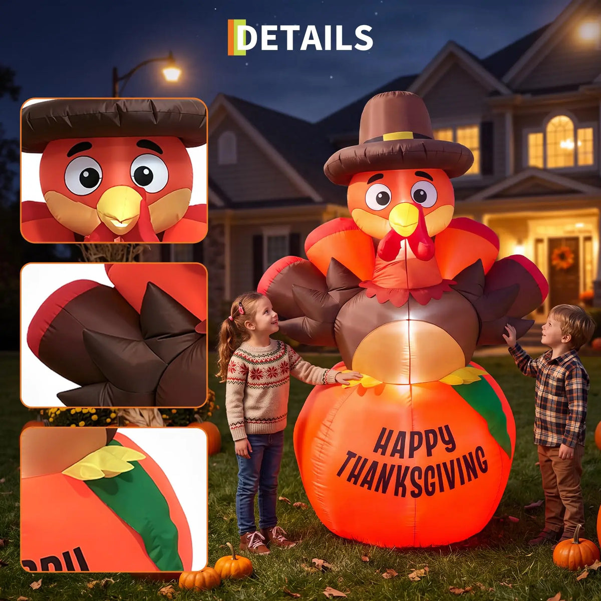 6ft Thanksgiving Pumpkin Turkey Inflatable Yard Decor With 7 Led Lights, Blower, Stakes & Ropes For Lawn Porch Garden Party Home