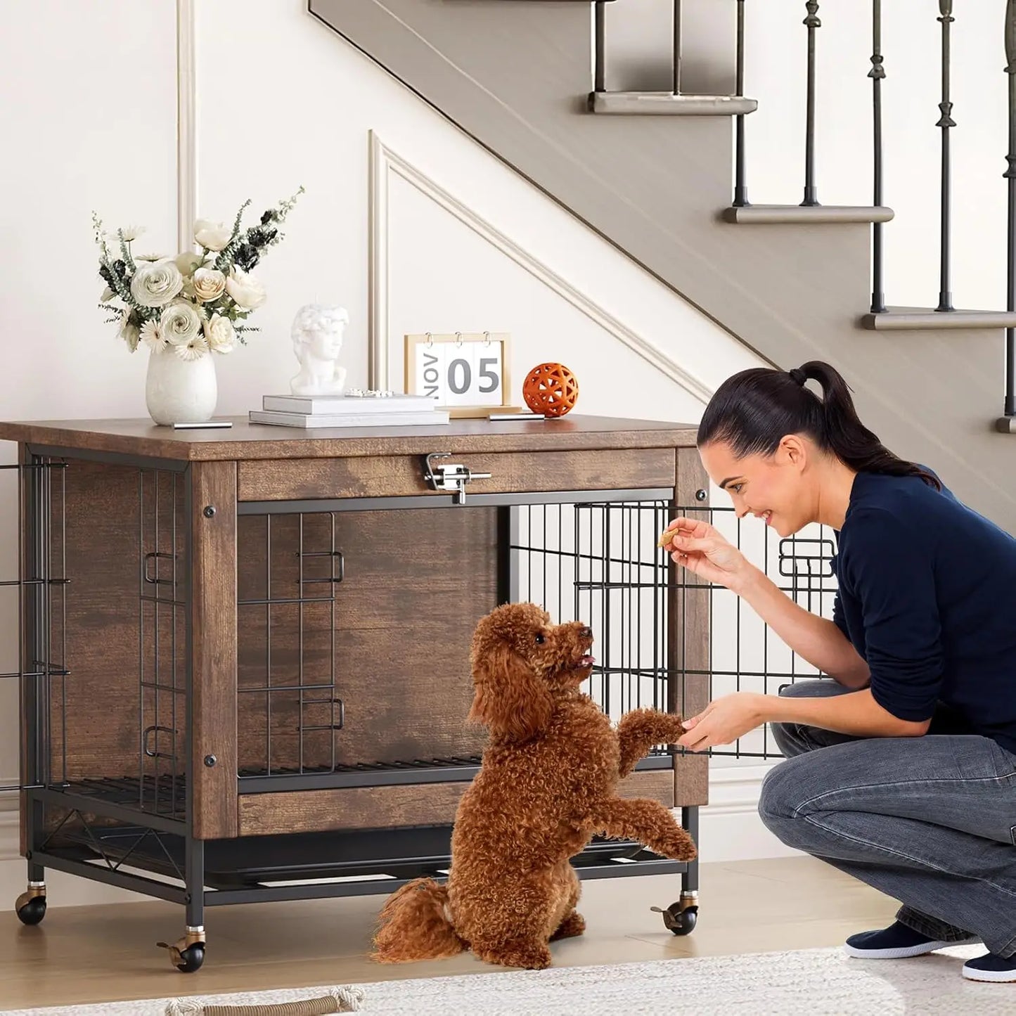 TWISTER.CK Indoor Wooden Dog Crate Furniture With Double Doors Wheels And Tray