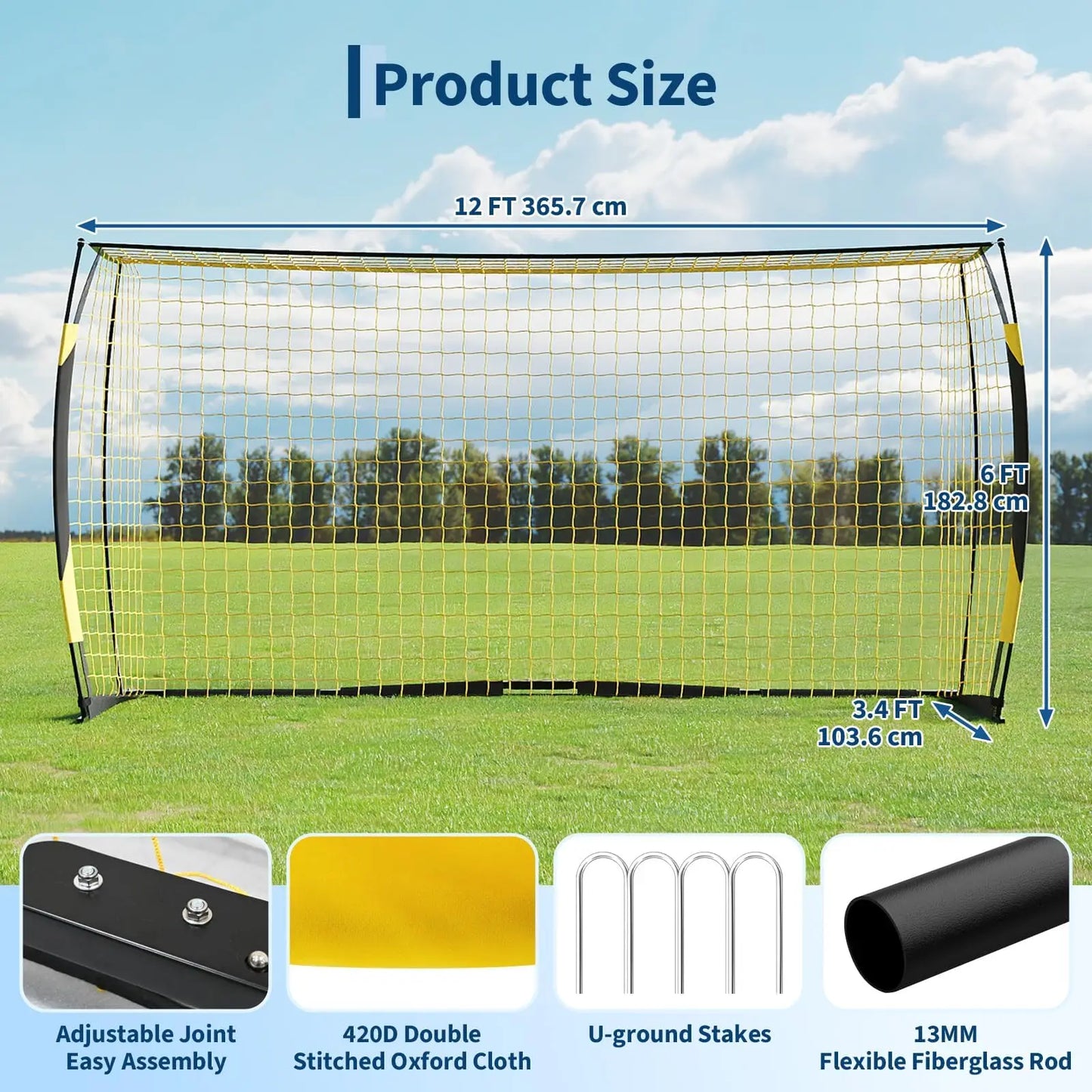Himiss 12x6ft Heavy Duty Foldable Portable Soccer Goal Net