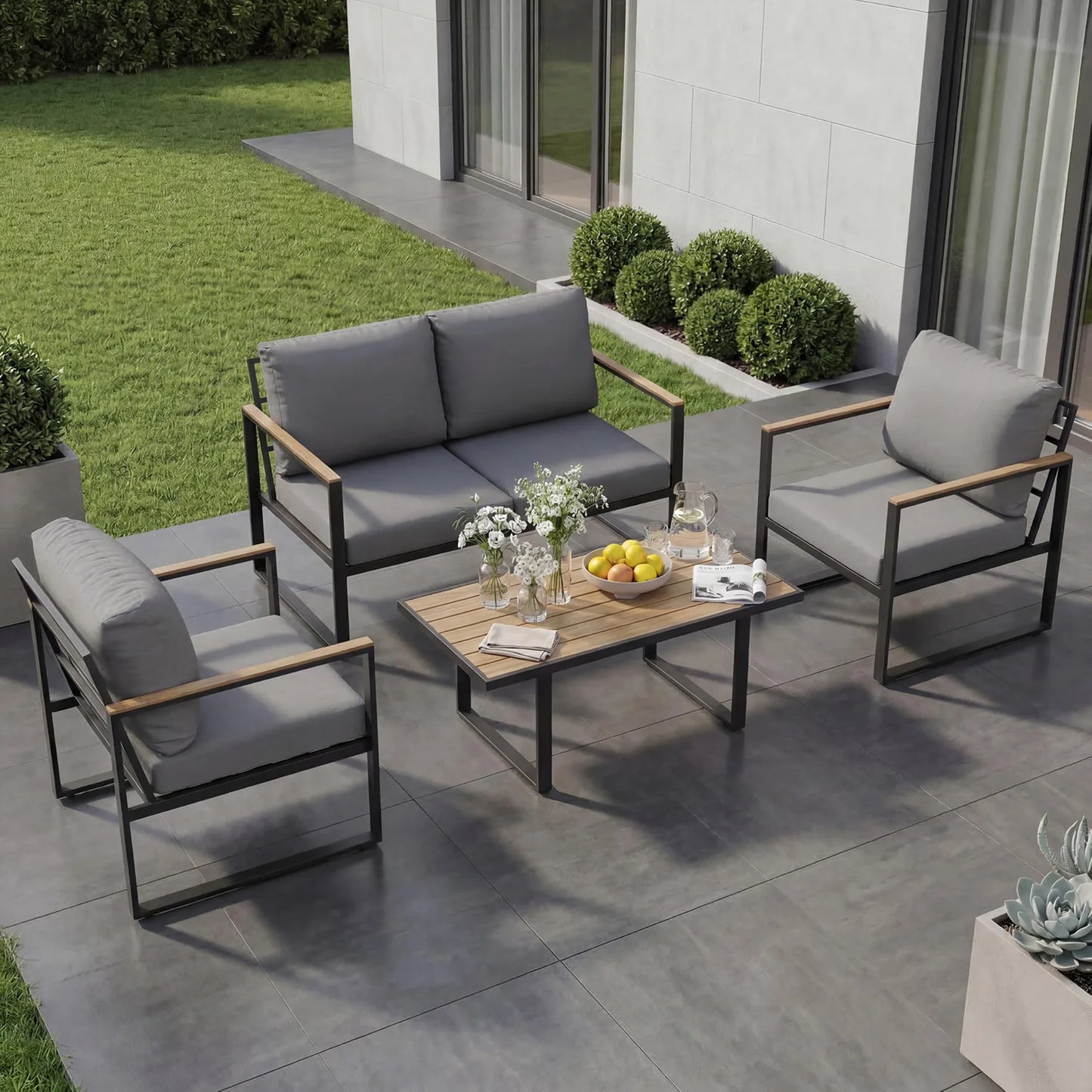 HobbyLane Modern 4 Piece Outdoor Patio Sofa With Coffee Table