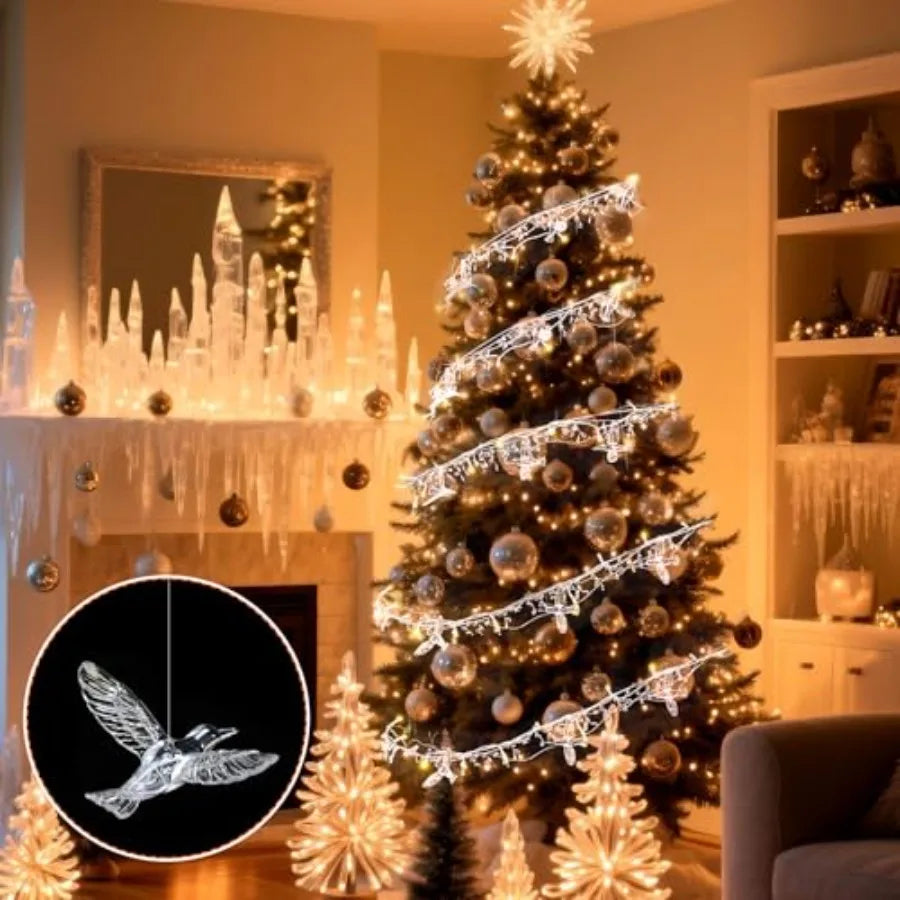 Crystal Christmas Tree Decor Acrylic Crystal LED Fairy Garland Strands with Acrylic Hummingbird Iron Wire 90 Waterdrop Beads Su