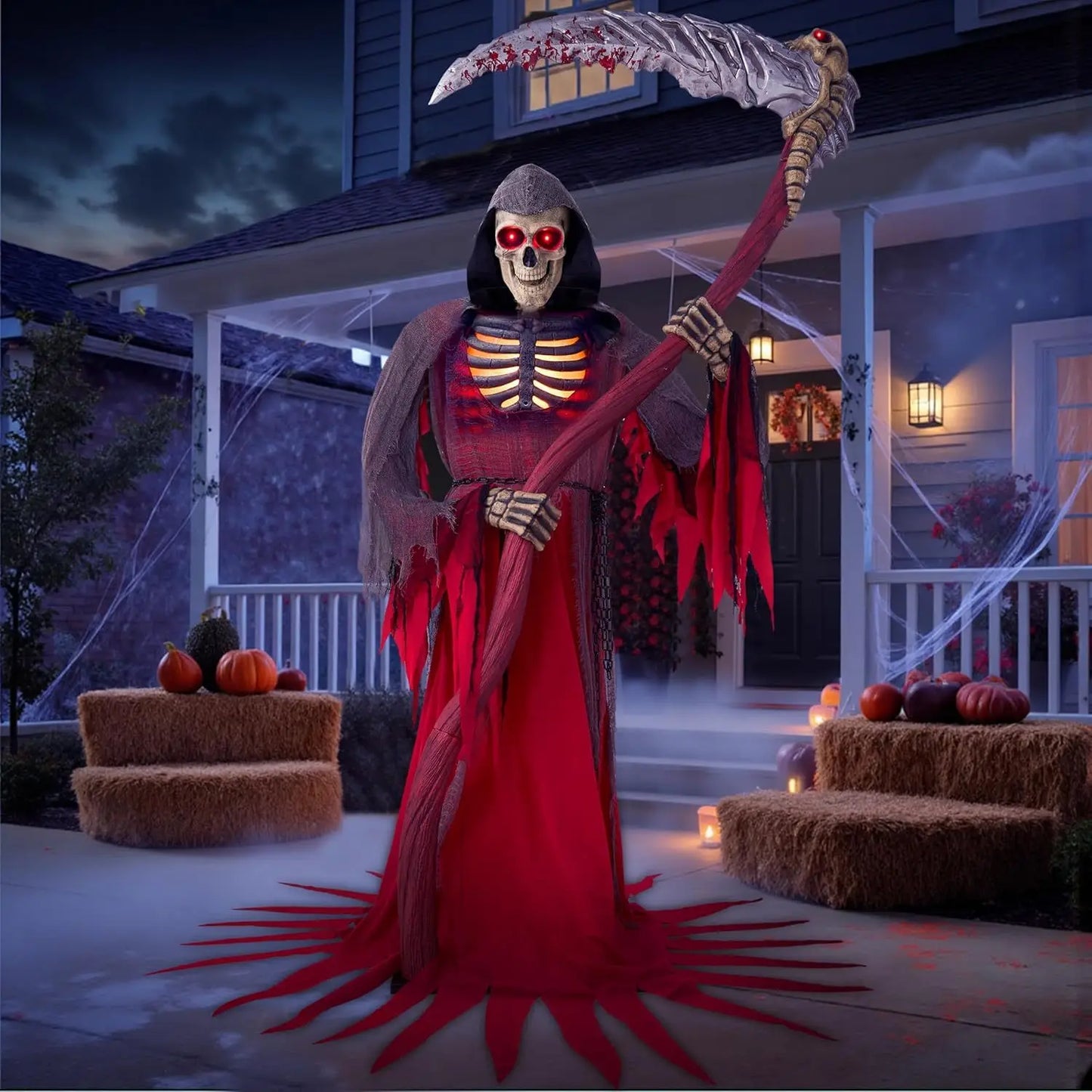 7Ft Animatronics Grim Reaper Halloween Decor Outdoor Animated Standing Skeleton Holding Giant Scythe with Light and Infrared Sensor Scary Ghost Decor for Indoor Lawn Haunted House