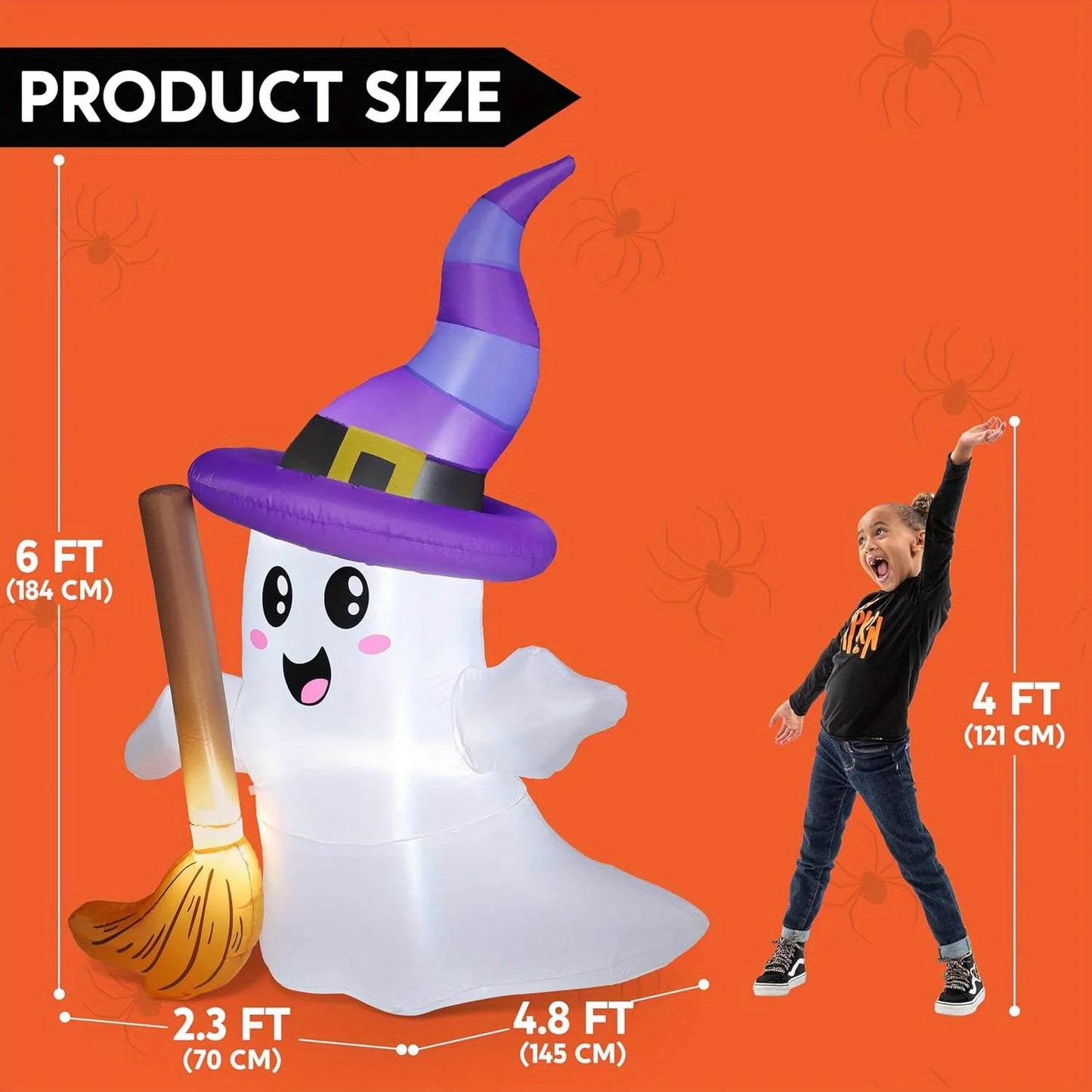 6 FT Tall Halloween Inflatables Ghost Outdoor Decorations Cute Blow Up Ghost Holding Broom with LED Blow Up Yard Decorations for Halloween Outdoor Yard Garden Lawn Party Decor