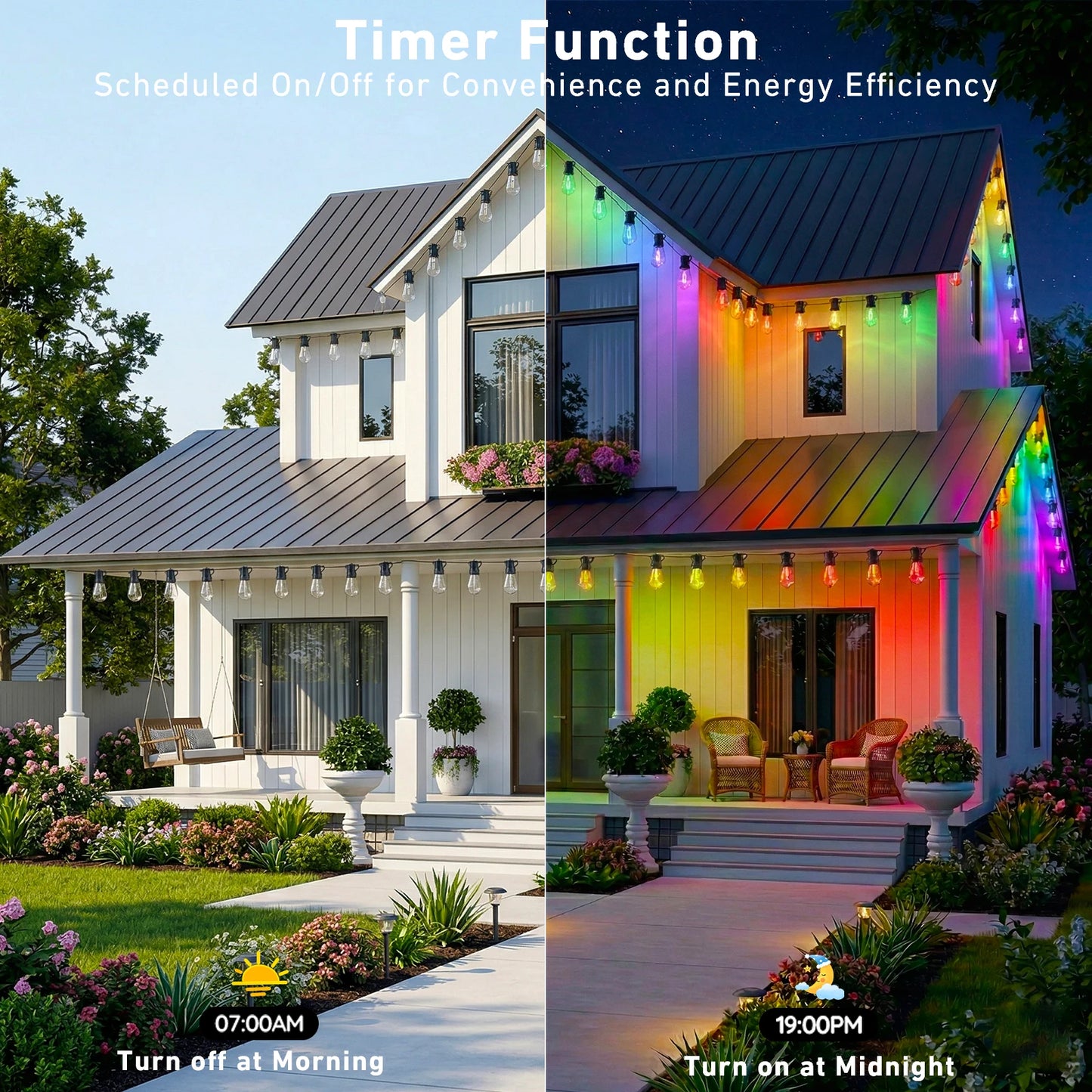 200FT RGB+IC Outdoor String Lights IP67 Waterproof DreamColor LED Bulbs Dimmable Shatterproof Patio Backyard Balcony Eave Lights APP Remote Control Chasing Effect