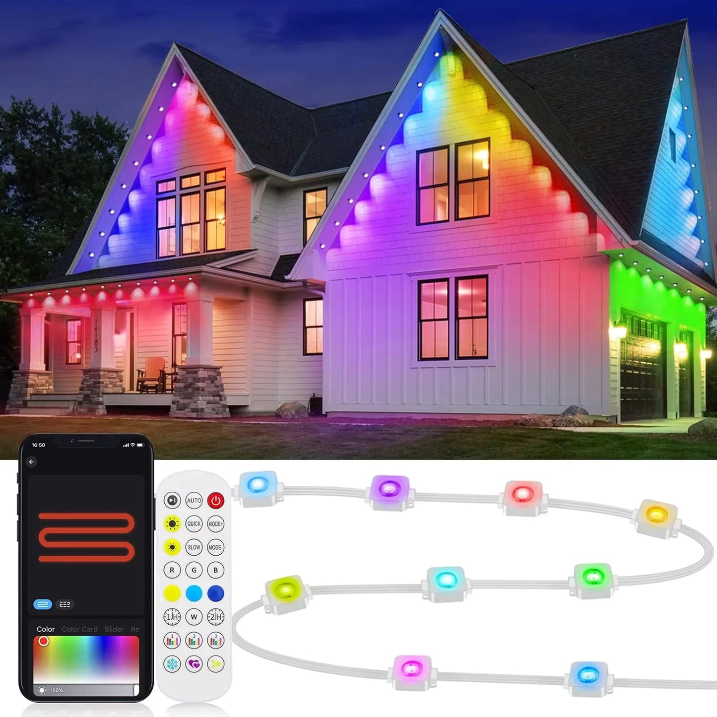 15M USB Permanent Outdoor Lights Smart RGBIC LED Eaves Lights with App/Remote Control Full House Flashing Lighting Christmas Decor