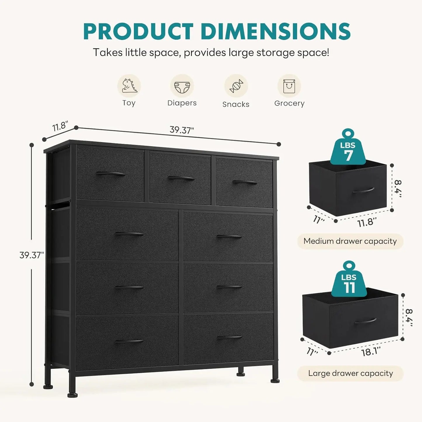 9 Drawer Storage Dresser with Wood Top - Wide Fabric Chest Organizer for Bedroom, Closet, Living Room,Tower Cabinet, TV