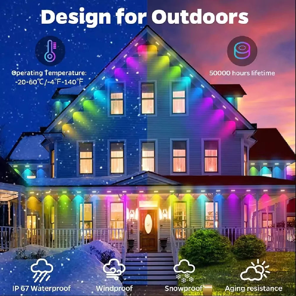 15M USB Permanent Outdoor Lights Smart RGBIC LED Eaves Lights with App/Remote Control Full House Flashing Lighting Christmas Decor