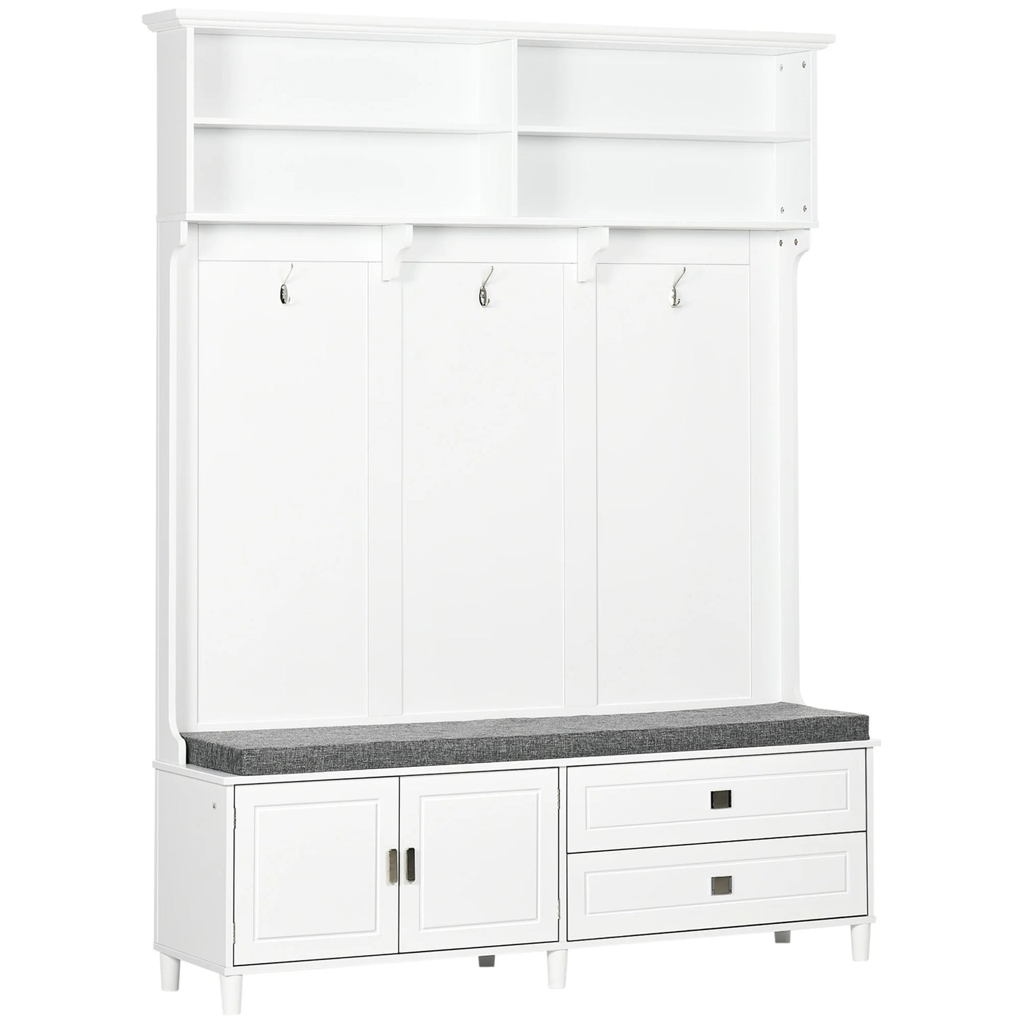 Hall Tree with Storage Bench, Entryway Bench with Coat Rack, Accent Coat Tree with Storage Shelves, Cabinet and Drawers for Hallway, Mudroom, White