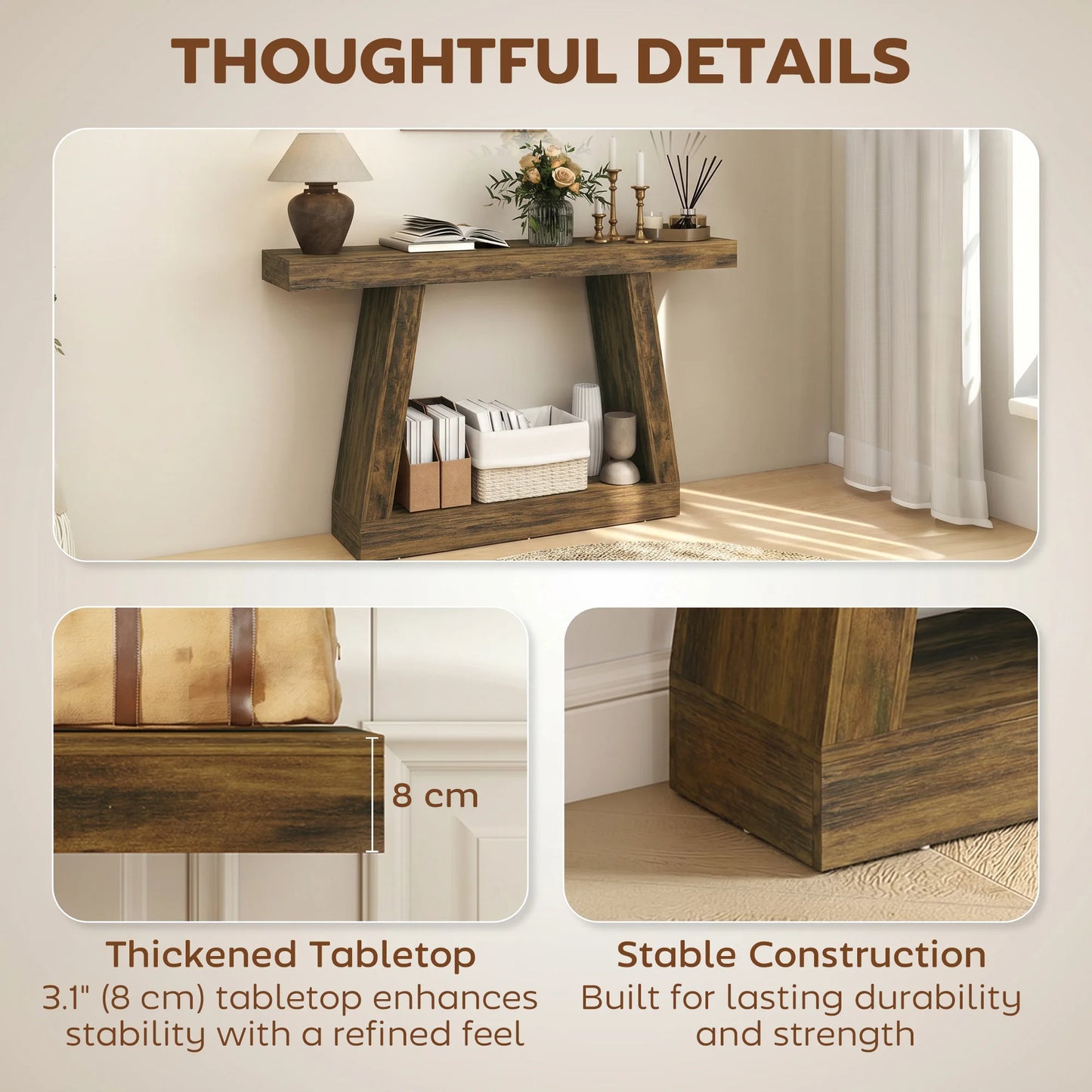 55.1" Narrow Entryway Table, 2-Tier Farmhouse Console Table with Thickened Tabletop, Storage Shelf and Trapezoidal Base for Behind Couch Sofa, Living Room, Hallway, Entrance, Rustic Brown