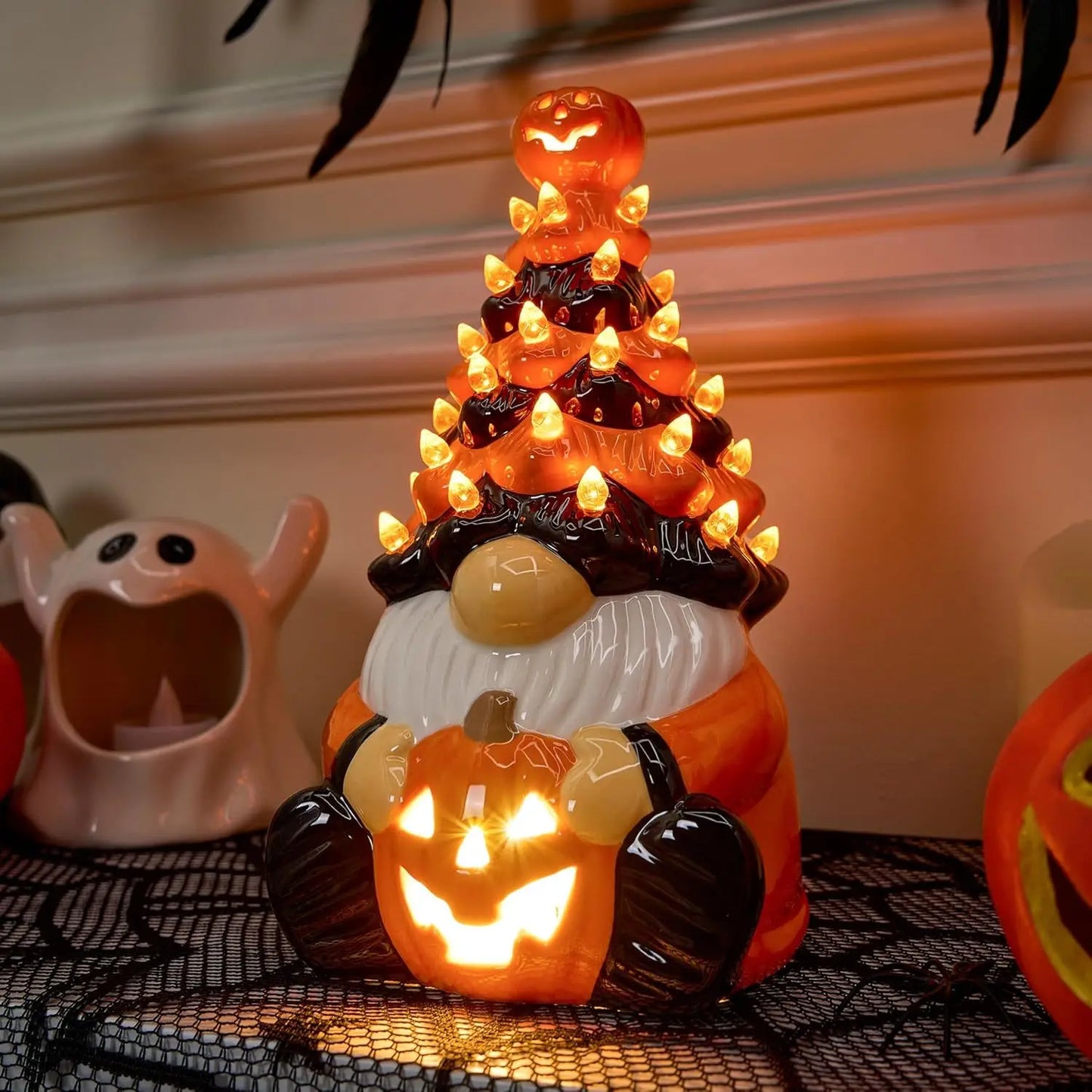 8.5 inch Tall Halloween Decoration Pumpkin Gnome Ceramic Tree with Build-in LEDs Tabletop Decor for Halloween Indoor Party Supplies Decoration, Battery Operated, Home Party Decors