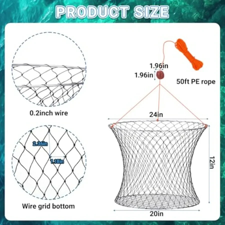 Crabbing dock pier kit: foldable 24-inch two-ring hoop net traps with rope, bait bag, clip, ruler, buoy, line, wire meshdurable