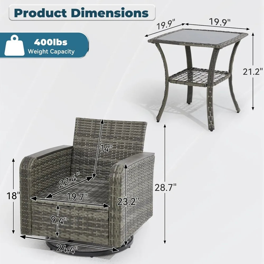 Wicker Patio Set With Swivel Chairs And Side Table For Outdoor Use
