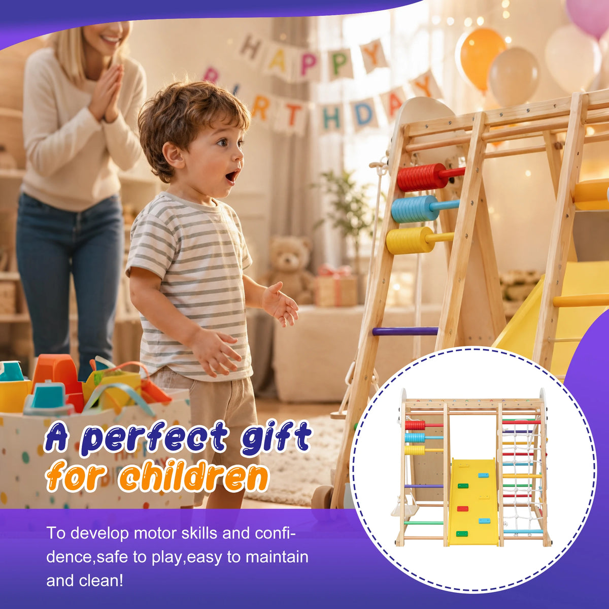 Multifunction Wooden Kids Climber Indoor Playground, Toddler Climbing Set with Slide, Swing, Climbing Ramp, Ladder and Cargo Net for Motor Skill Training