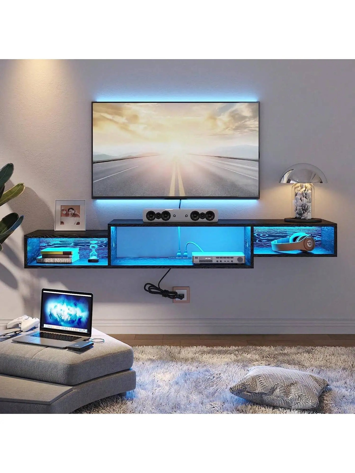 Floating TV Stand With Lights And Power Outlet Entertainment Center