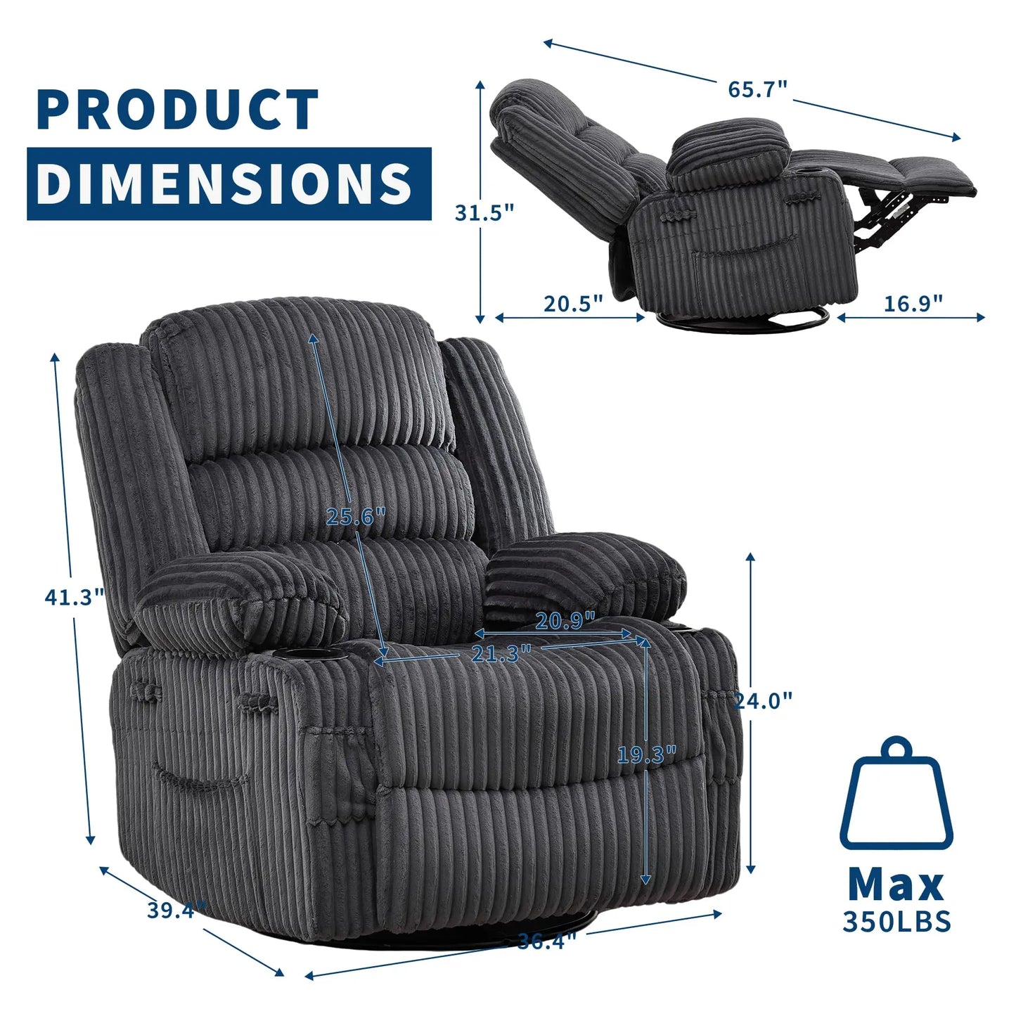 360° Swivel Rocking Recliner Chair With Cup Holder, Oversized Corduroy Nursery Glider, Deep Seat Lounge Chair For Living Room