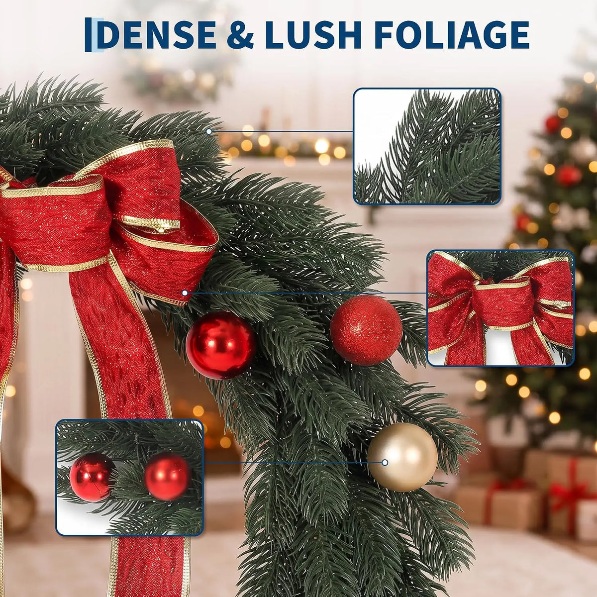 45/55/60CM Pre-Lit Christmas Wreath for Front Door Artificial Pine with LED Lights Red Bow & Red/Gold Ornaments Window Wall Hanging Decor Xmas Decorations