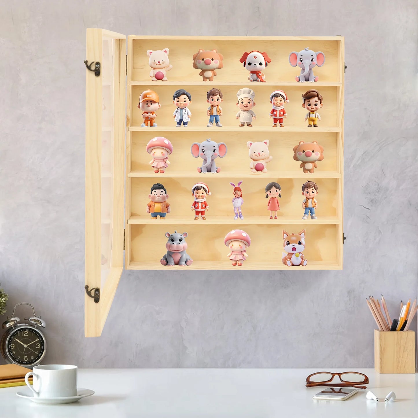 5-Tier Wall Mount Solid Wood Display Case,  Composite Board Acrylic Dustproof Door Secure Latches 15-20Kg Load Bearing Burr-free Edge Anime Figurine Model Storage Cabinet