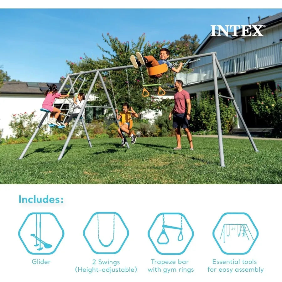 INTEX Heavy Duty Backyard Feature Swing Set with Durable Steel Frame and Weather-Resistant Blue Fabric for Outdoor Recreation a