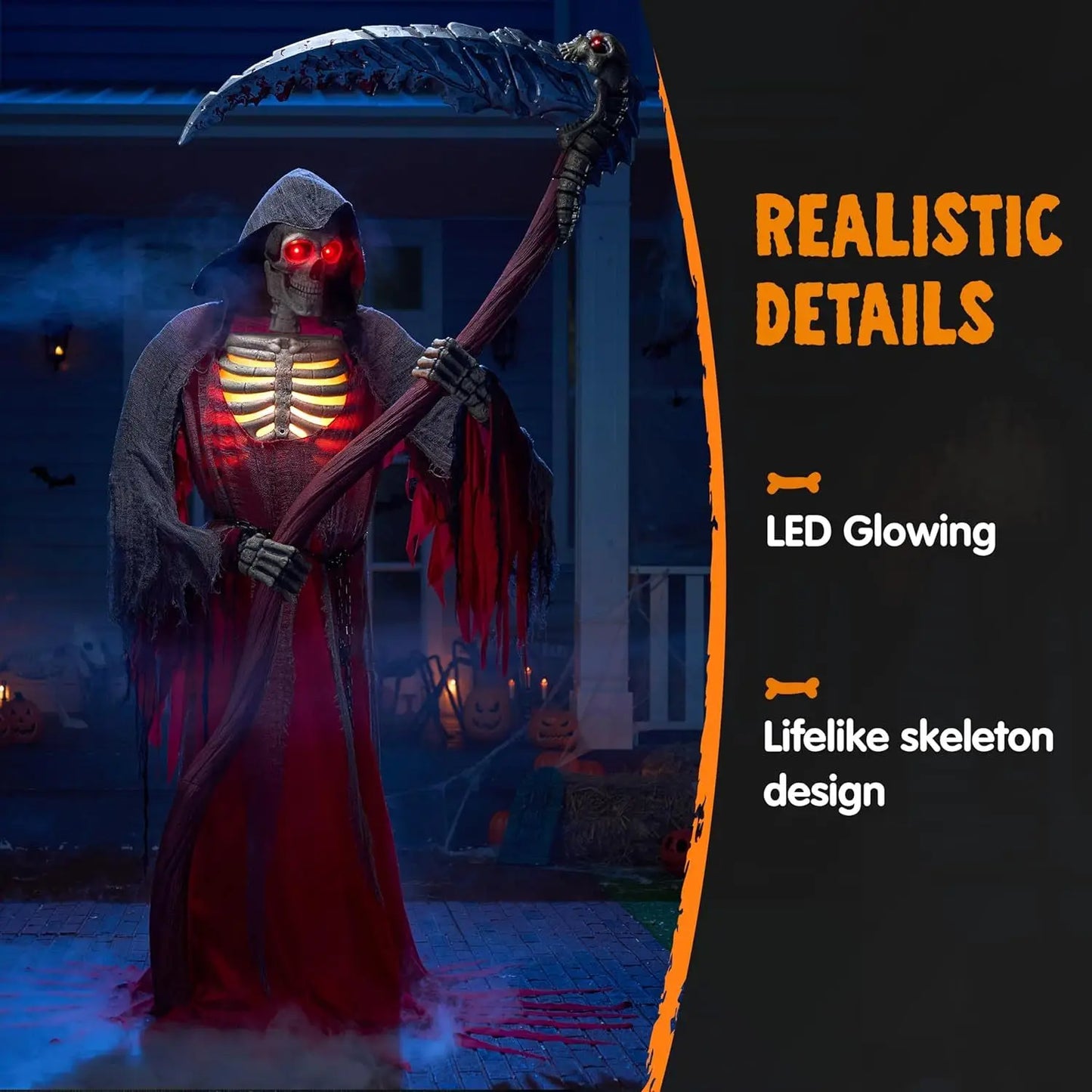 7Ft Animatronics Grim Reaper Halloween Decor Outdoor Animated Standing Skeleton Holding Giant Scythe with Light and Infrared Sensor Scary Ghost Decor for Indoor Lawn Haunted House