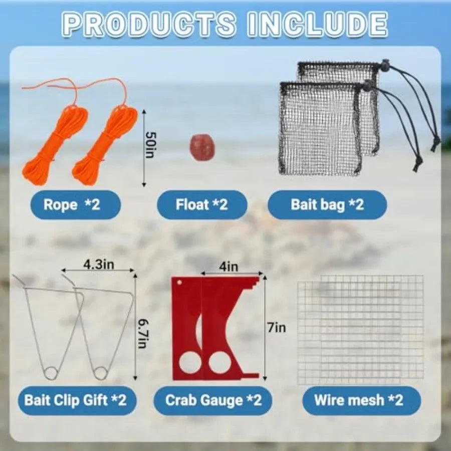 Crabbing dock pier kit: foldable 24-inch two-ring hoop net traps with rope, bait bag, clip, ruler, buoy, line, wire meshdurable