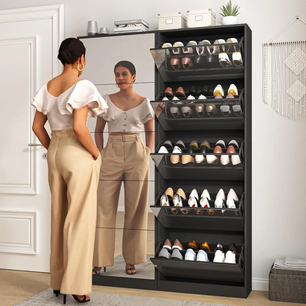 Shoe Storage Cabinet With Full Length Mirror 30 Pair Free Standing Organizer