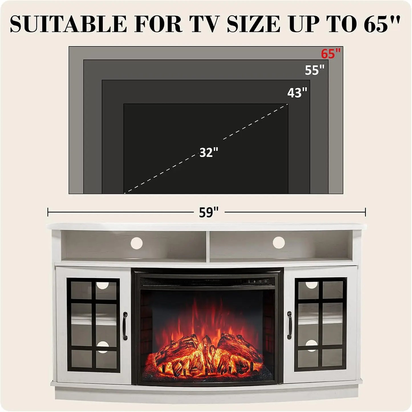 Curved TV Cabinet With Electric Fireplace And Farmhouse Glass Doors
